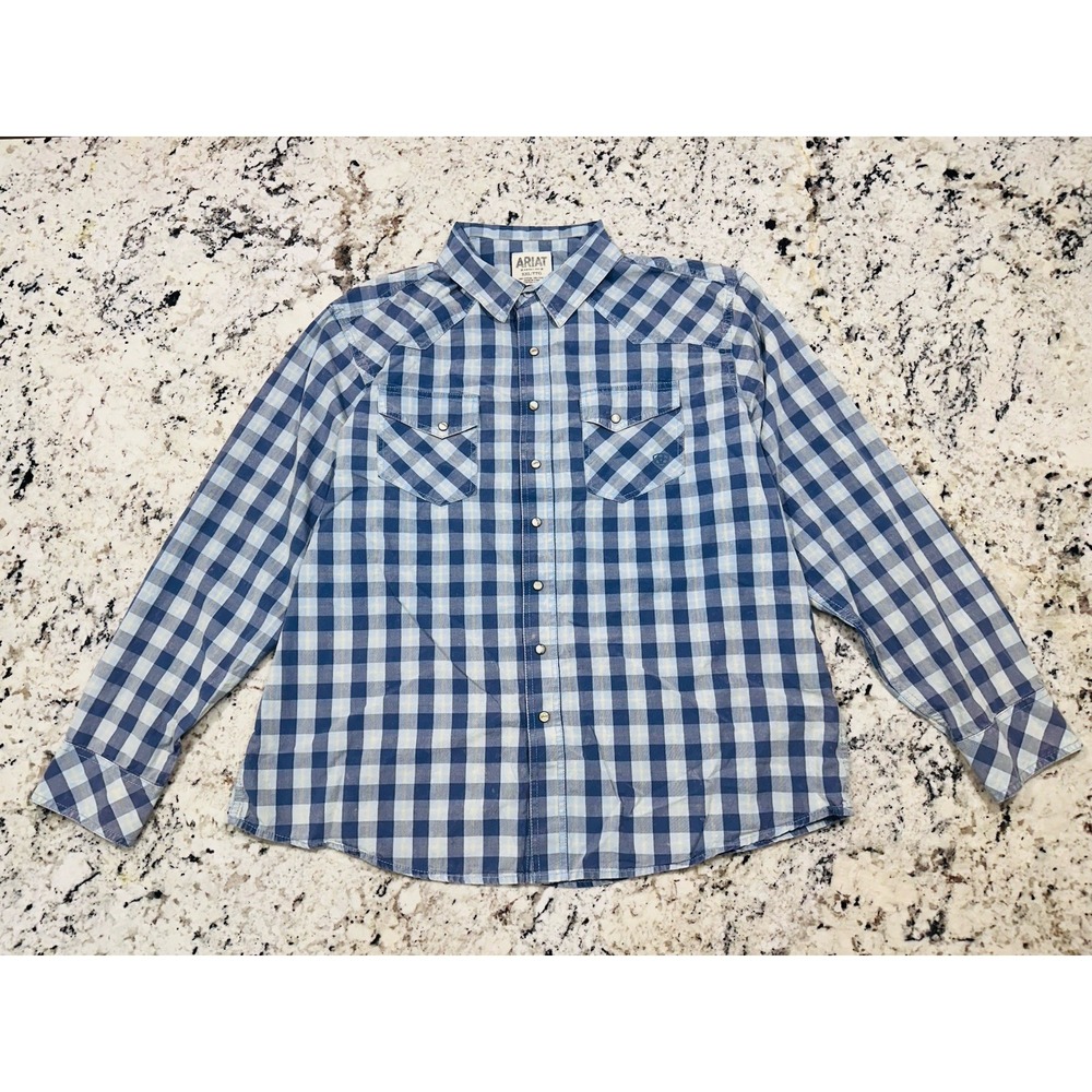 Ariat Shirt Adult XXL Blue Plaid Western Pearl Snap Retro Fit‎ Cowboy Rodeo